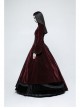Stand-Up Collar Front Chest Decals Flare Sleeve Back Lace-Up Big Wave Hem Wine Red Gothic Velveteen Coat