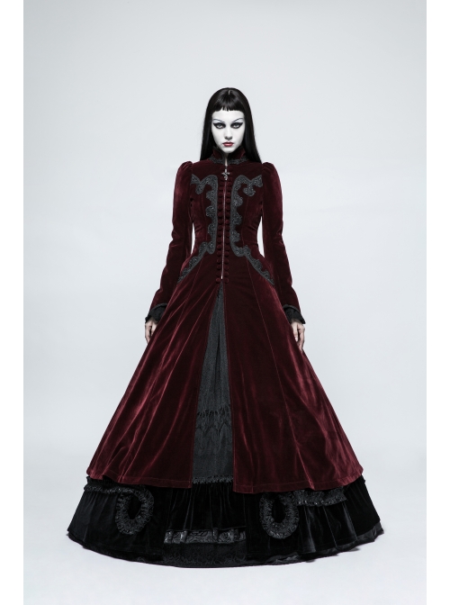 Stand-Up Collar Front Chest Decals Flare Sleeve Back Lace-Up Big Wave Hem Wine Red Gothic Velveteen Coat
