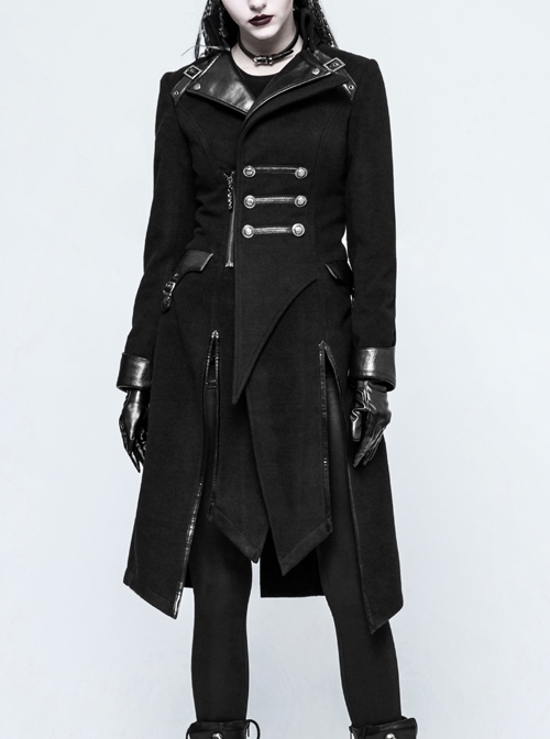 Stand-Up Collar Front Metal Button Decoration Long Sleeve Irregular Hem Black Punk Coat