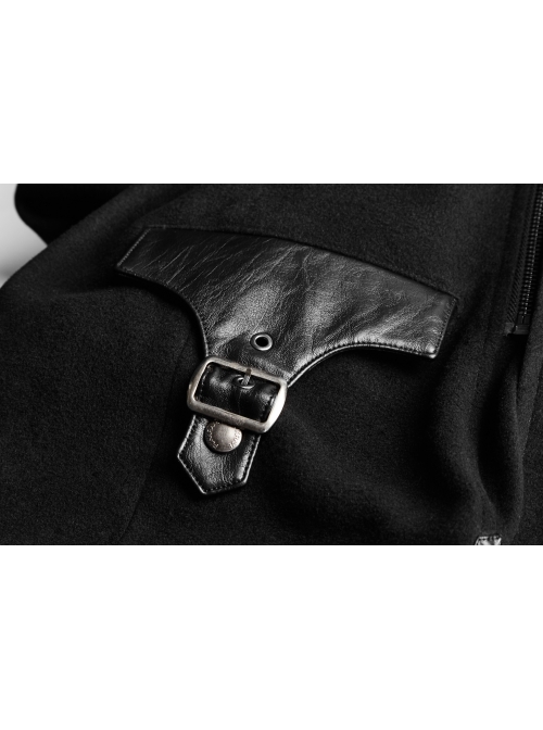 Stand-Up Collar Front Metal Button Decoration Long Sleeve Irregular Hem Black Punk Coat