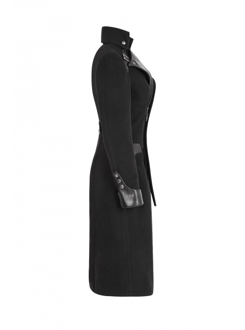 Stand-Up Collar Front Metal Button Decoration Long Sleeve Irregular Hem Black Punk Coat