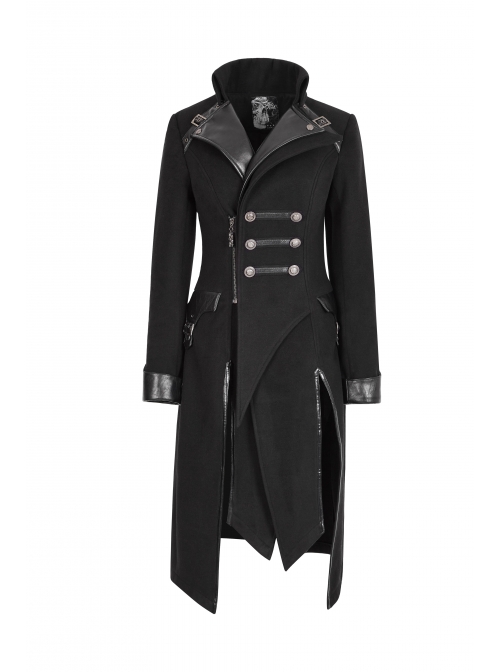 Stand-Up Collar Front Metal Button Decoration Long Sleeve Irregular Hem Black Punk Coat