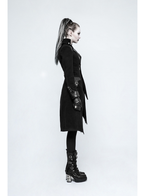 Stand-Up Collar Front Metal Button Decoration Long Sleeve Irregular Hem Black Punk Coat
