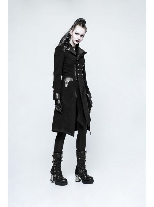 Stand-Up Collar Front Metal Button Decoration Long Sleeve Irregular Hem Black Punk Coat