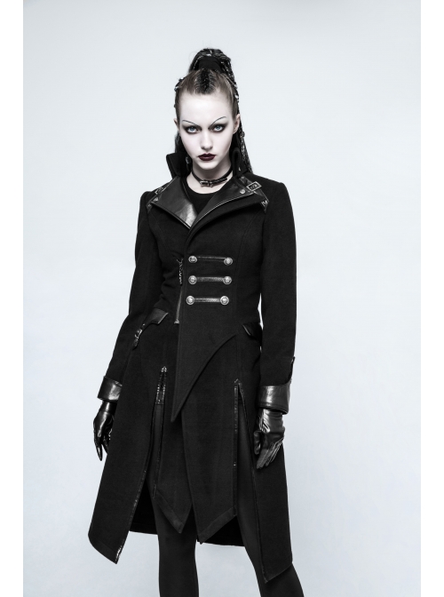 Stand-Up Collar Front Metal Button Decoration Long Sleeve Irregular Hem Black Punk Coat