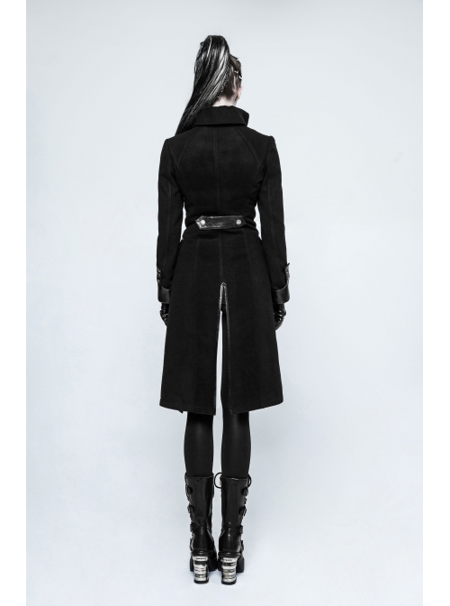 Stand-Up Collar Front Metal Button Decoration Long Sleeve Irregular Hem Black Punk Coat