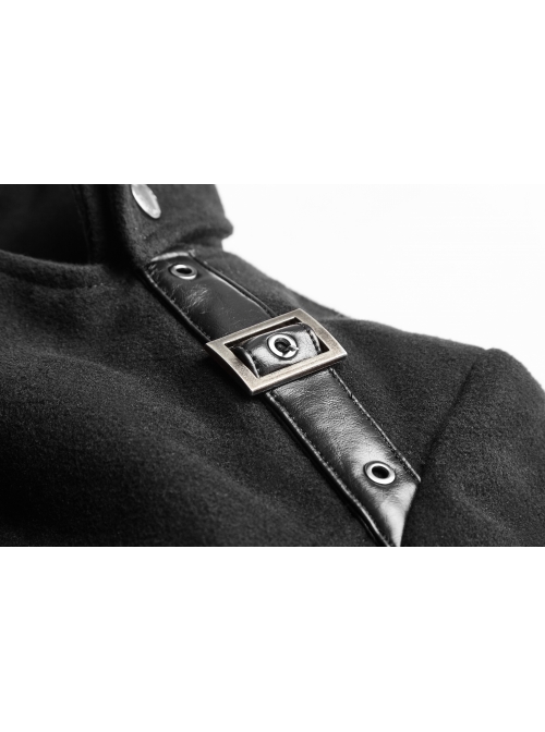 Stand-Up Collar Front Metal Button Decoration Long Sleeve Irregular Hem Black Punk Coat