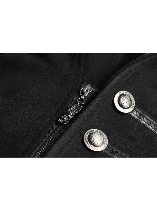 Stand-Up Collar Front Metal Button Decoration Long Sleeve Irregular Hem Black Punk Coat