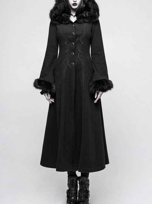 Fur Collar Front Retro Metal Button Ribbon  Decoration Back Lace-Up Black Gothic Long Coat