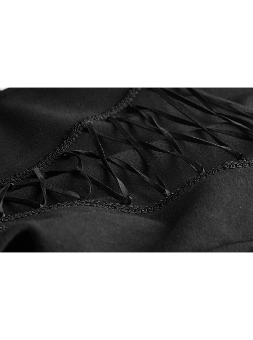 Fur Collar Front Retro Metal Button Ribbon  Decoration Back Lace-Up Black Gothic Long Coat