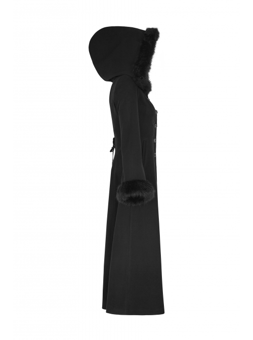 Fur Collar Front Retro Metal Button Ribbon  Decoration Back Lace-Up Black Gothic Long Coat