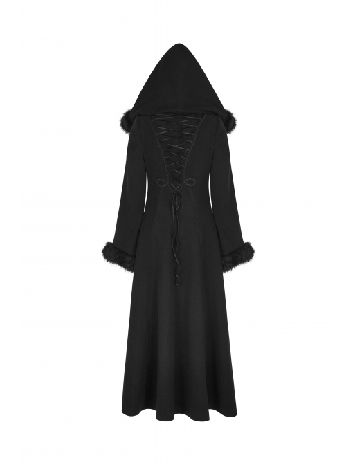 Fur Collar Front Retro Metal Button Ribbon  Decoration Back Lace-Up Black Gothic Long Coat