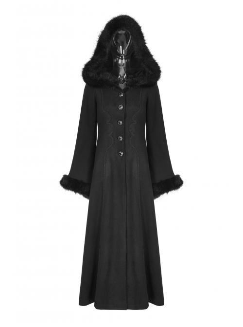 Fur Collar Front Retro Metal Button Ribbon  Decoration Back Lace-Up Black Gothic Long Coat