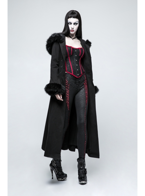 Fur Collar Front Retro Metal Button Ribbon  Decoration Back Lace-Up Black Gothic Long Coat