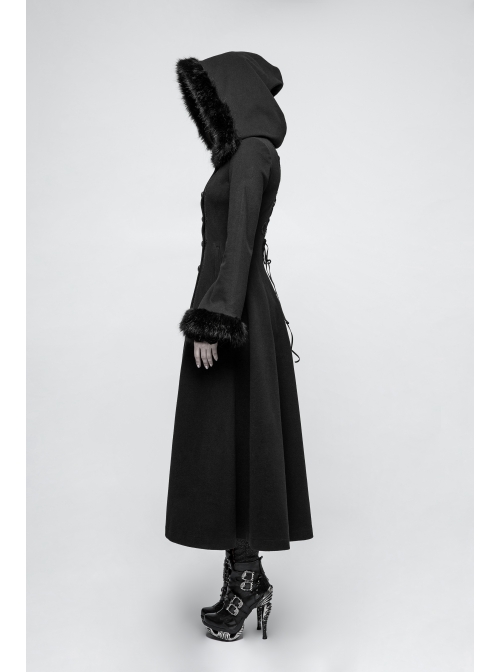 Fur Collar Front Retro Metal Button Ribbon  Decoration Back Lace-Up Black Gothic Long Coat