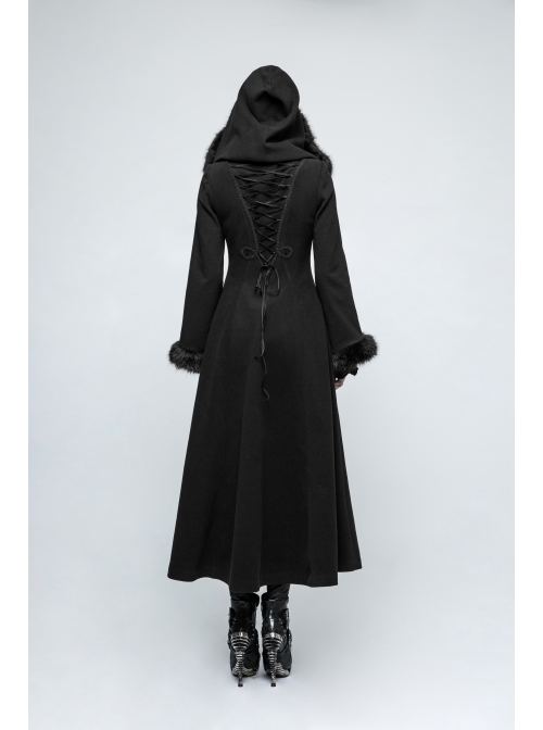 Fur Collar Front Retro Metal Button Ribbon  Decoration Back Lace-Up Black Gothic Long Coat