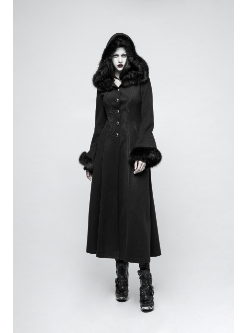 Fur Collar Front Retro Metal Button Ribbon  Decoration Back Lace-Up Black Gothic Long Coat