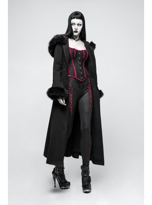 Fur Collar Front Retro Metal Button Ribbon  Decoration Back Lace-Up Black Gothic Long Coat