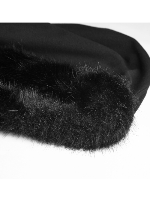 Fur Collar Front Retro Metal Button Ribbon  Decoration Back Lace-Up Black Gothic Long Coat