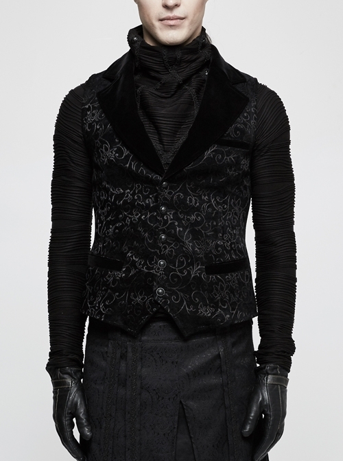 Front Retro Button Back Waist Hasp Black Gothic Jacquard Vest