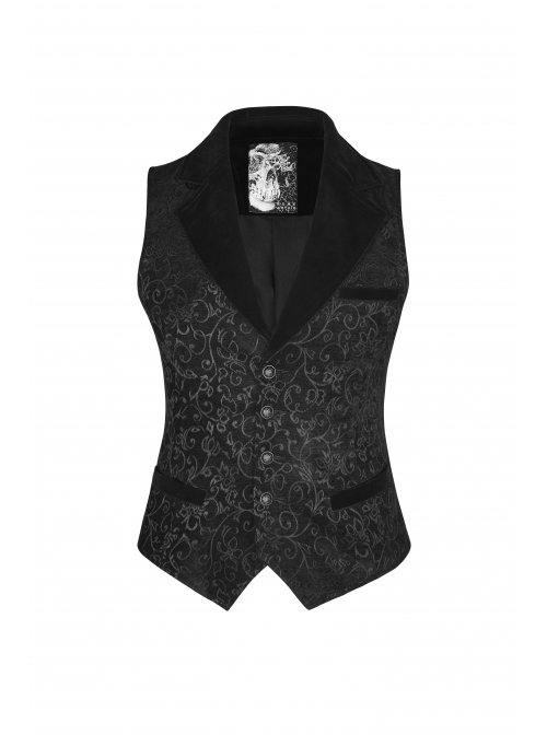 Front Retro Button Back Waist Hasp Black Gothic Jacquard Vest