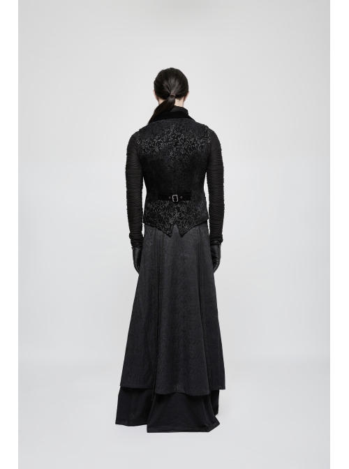 Front Retro Button Back Waist Hasp Black Gothic Jacquard Vest