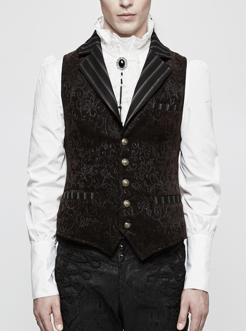 Front Retro Button Back Waist Hasp Brown Gothic Jacquard Vest
