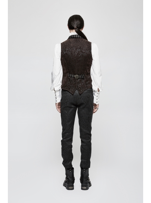 Front Retro Button Back Waist Hasp Brown Gothic Jacquard Vest
