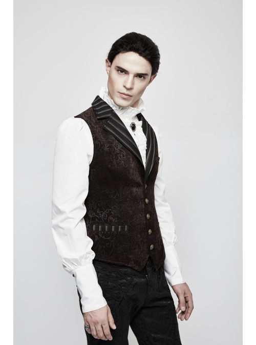 Front Retro Button Back Waist Hasp Brown Gothic Jacquard Vest