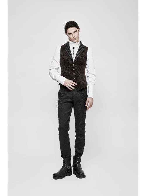Front Retro Button Back Waist Hasp Brown Gothic Jacquard Vest