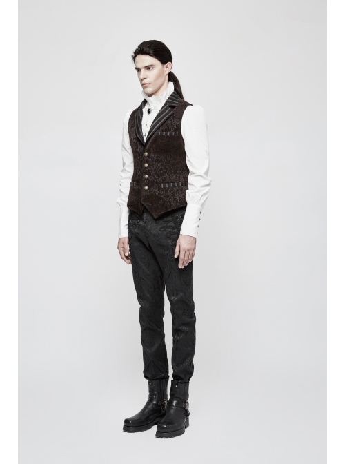 Front Retro Button Back Waist Hasp Brown Gothic Jacquard Vest