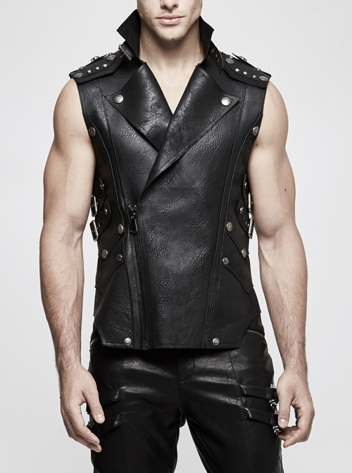 Stand-Up Collar Metal Nail Leather Hasp Decoration Black Punk Leather Vest
