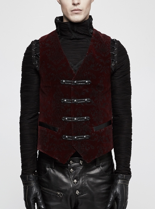 Front Woven Strap Retro Button Back Waist Leather Hasp Wine Red Gothic Velveteen Printing Vest
