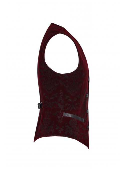 Front Woven Strap Retro Button Back Waist Leather Hasp Wine Red Gothic Velveteen Printing Vest