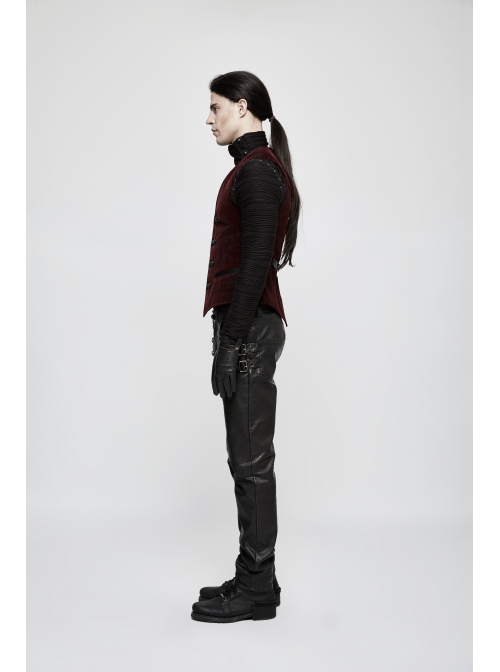 Front Woven Strap Retro Button Back Waist Leather Hasp Wine Red Gothic Velveteen Printing Vest
