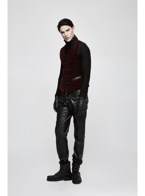 Front Woven Strap Retro Button Back Waist Leather Hasp Wine Red Gothic Velveteen Printing Vest