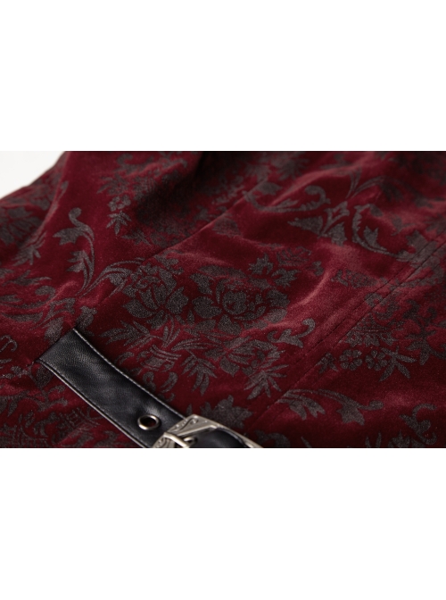 Front Woven Strap Retro Button Back Waist Leather Hasp Wine Red Gothic Velveteen Printing Vest
