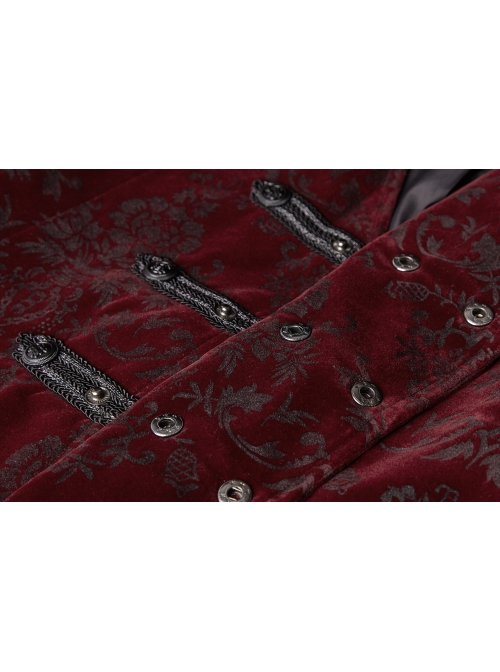 Front Woven Strap Retro Button Back Waist Leather Hasp Wine Red Gothic Velveteen Printing Vest