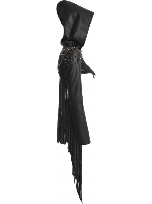 Leather Shoulder Metal Rivet Front Chest Chain Decoration Fringe Sleeve Black Punk Suede Hooded Coat