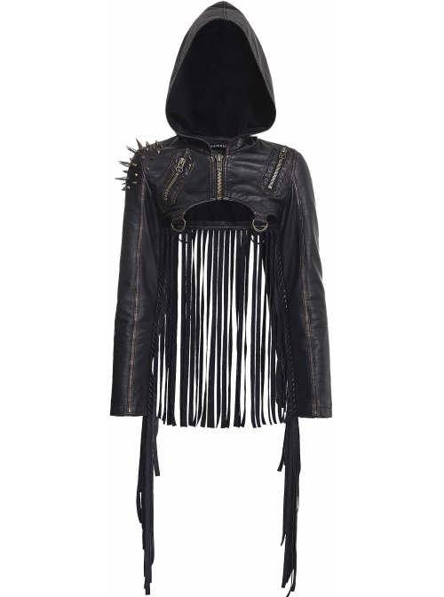 Leather Shoulder Metal Rivet Front Chest Chain Decoration Fringe Sleeve Black Punk Suede Hooded Coat