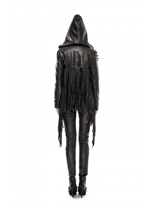 Leather Shoulder Metal Rivet Front Chest Chain Decoration Fringe Sleeve Black Punk Suede Hooded Coat