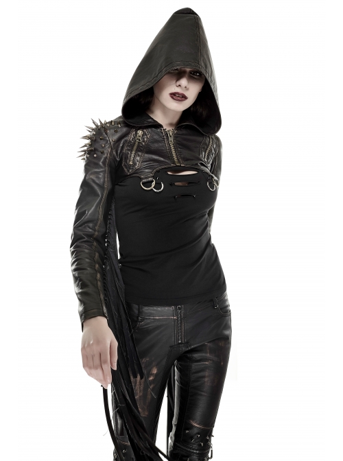 Leather Shoulder Metal Rivet Front Chest Chain Decoration Fringe Sleeve Black Punk Suede Hooded Coat