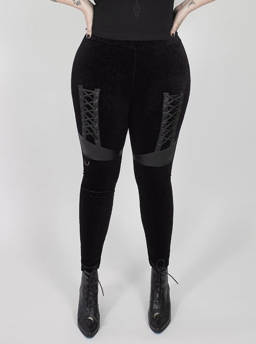 Front Splice Imitation Leather Lace-Up Black Punk Plus Size Printed Velvet Legging