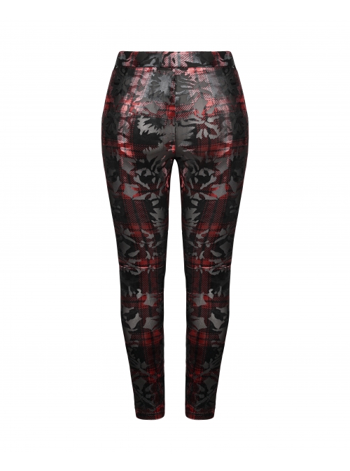 Front Splice Imitation Leather Lace-Up Classic Red Plaid Punk Plus Size Printing Legging