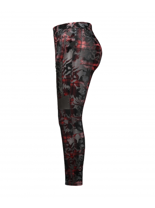Front Splice Imitation Leather Lace-Up Classic Red Plaid Punk Plus Size Printing Legging