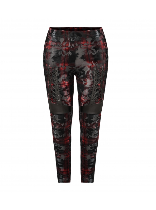 Front Splice Imitation Leather Lace-Up Classic Red Plaid Punk Plus Size Printing Legging