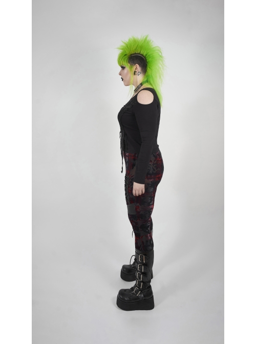 Front Splice Imitation Leather Lace-Up Classic Red Plaid Punk Plus Size Printing Legging