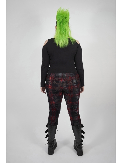Front Splice Imitation Leather Lace-Up Classic Red Plaid Punk Plus Size Printing Legging