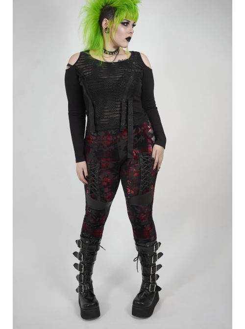 Front Splice Imitation Leather Lace-Up Classic Red Plaid Punk Plus Size Printing Legging