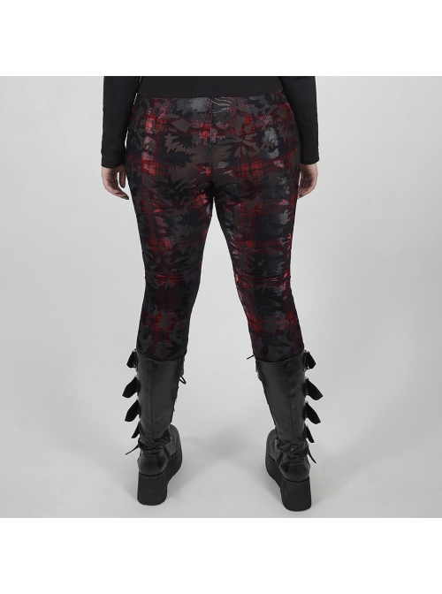 Front Splice Imitation Leather Lace-Up Classic Red Plaid Punk Plus Size Printing Legging